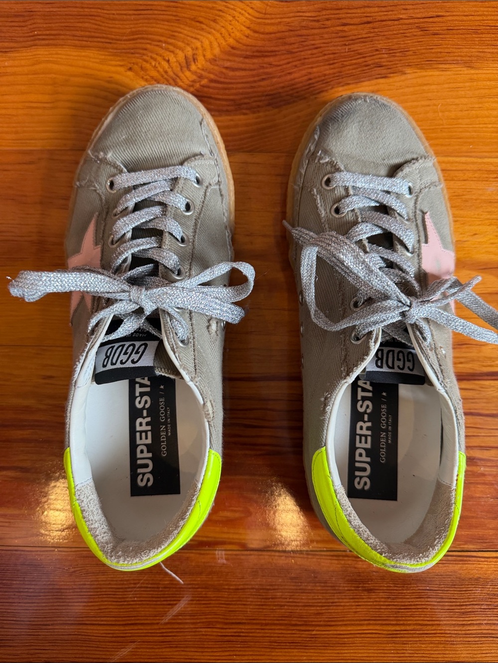 Golden Goose Women’s 39 Gray Canvas Sneakers with Neon Yellow Heel and Pink Star - Picture 4 of 9